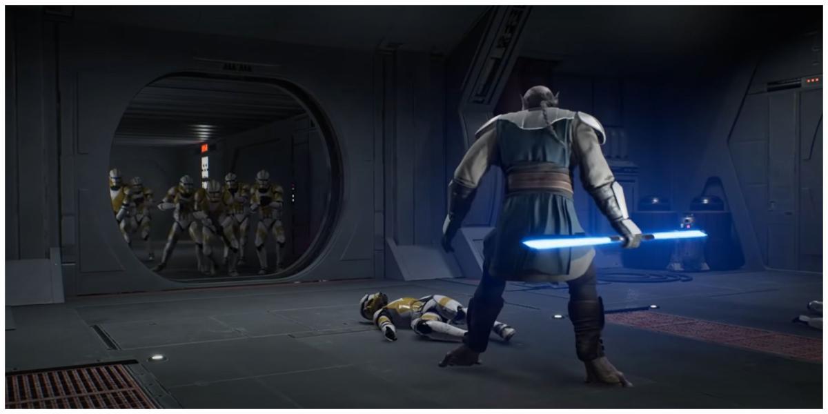 Jaro Tapal de Star Wars Jedi: Fallen Order com seu sabre de luz desembainhado enfrentando atacantes clones que se aproximam