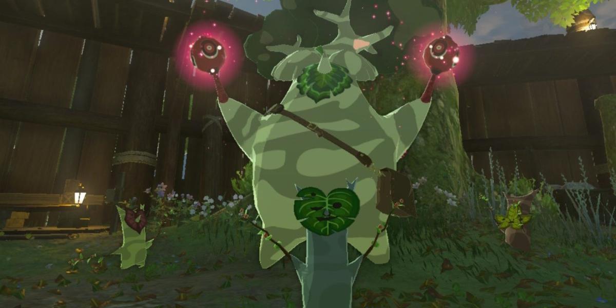 Hestu agitando suas maracas com três amigos Korok em The Legend of Zelda: Tears of the Kingdom