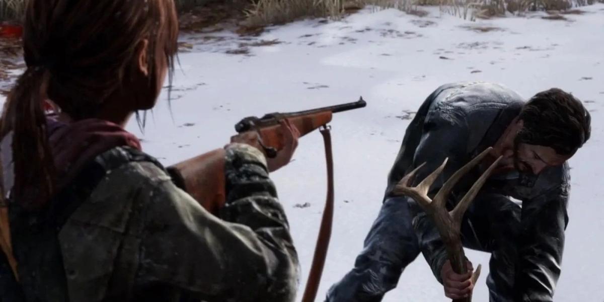 Ellie apontando uma arma para David em The Last of Us
