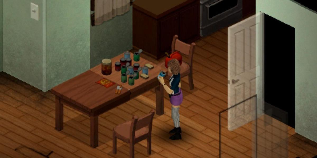 Jogador usando abridor de latas e comendo comida enlatada