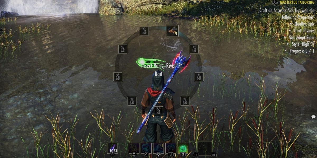 Um jogador prestes a usar a isca de pesca do rio no Elder Scrolls Online