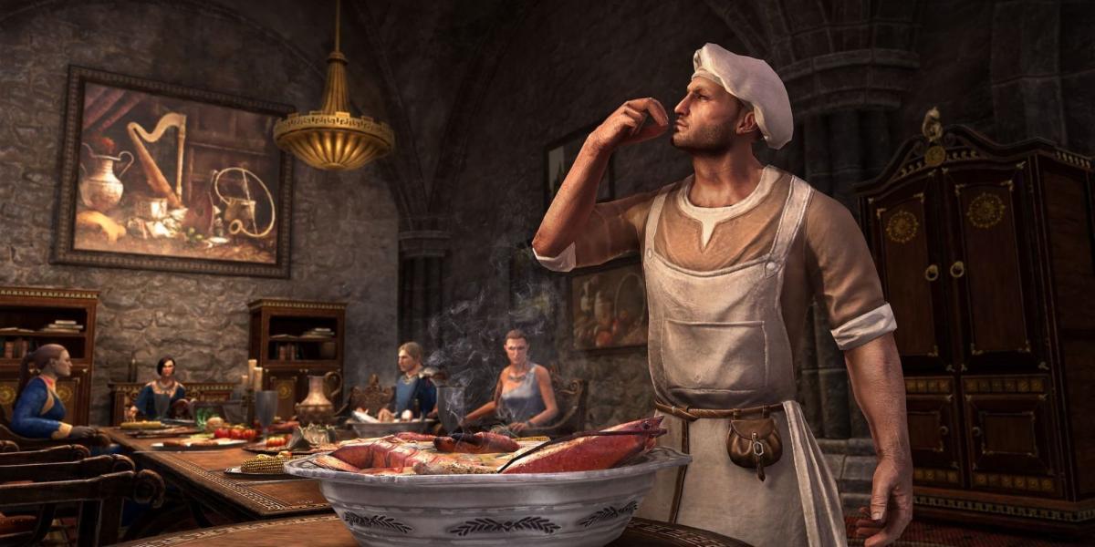 Um Chef parado atrás de uma tigela de peixe cozido em Elder Scrolls Online