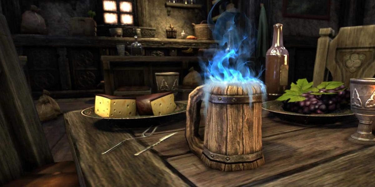 Uma bebida brilhante em uma mesa no Elder Scrolls Online