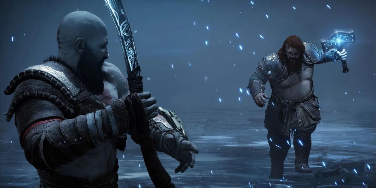 Thor atacando Kratos com seu martelo em God of War: Ragnarok