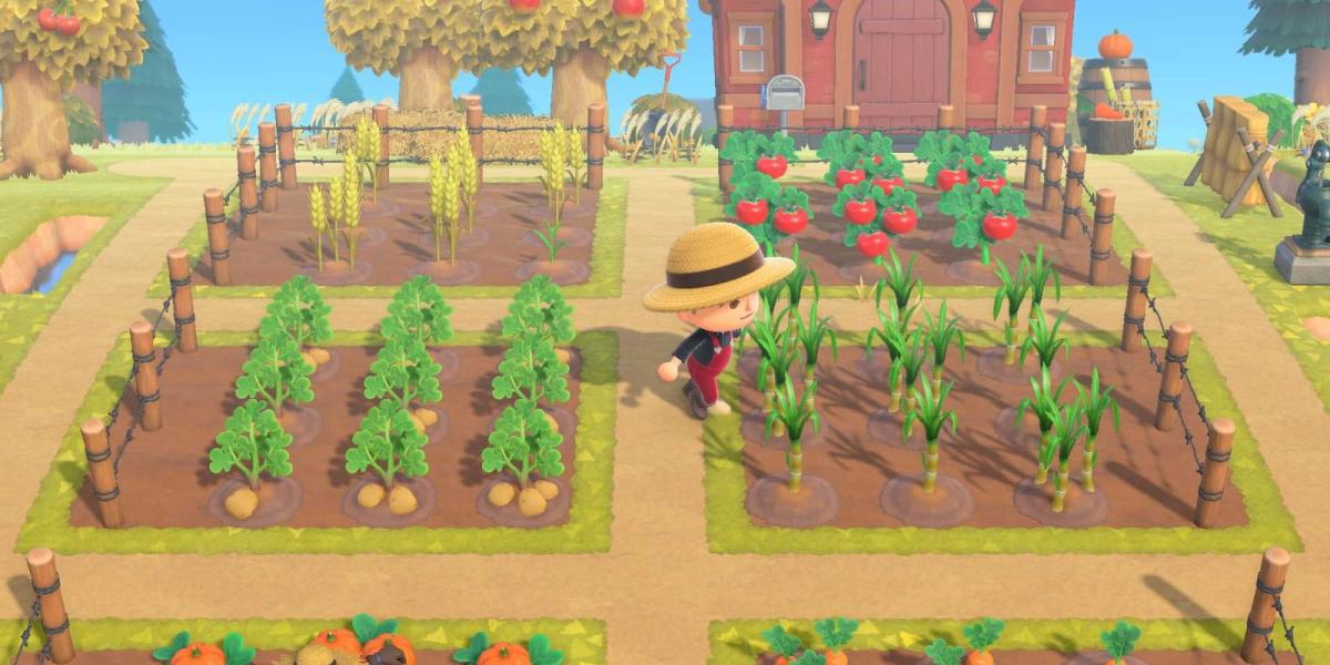 Um jogador percorre sua área de fazenda em Animal Crossing New Horizons
