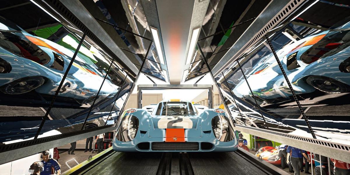 Um carro de corrida parado em um túnel refletivo no Gran Turismo 7