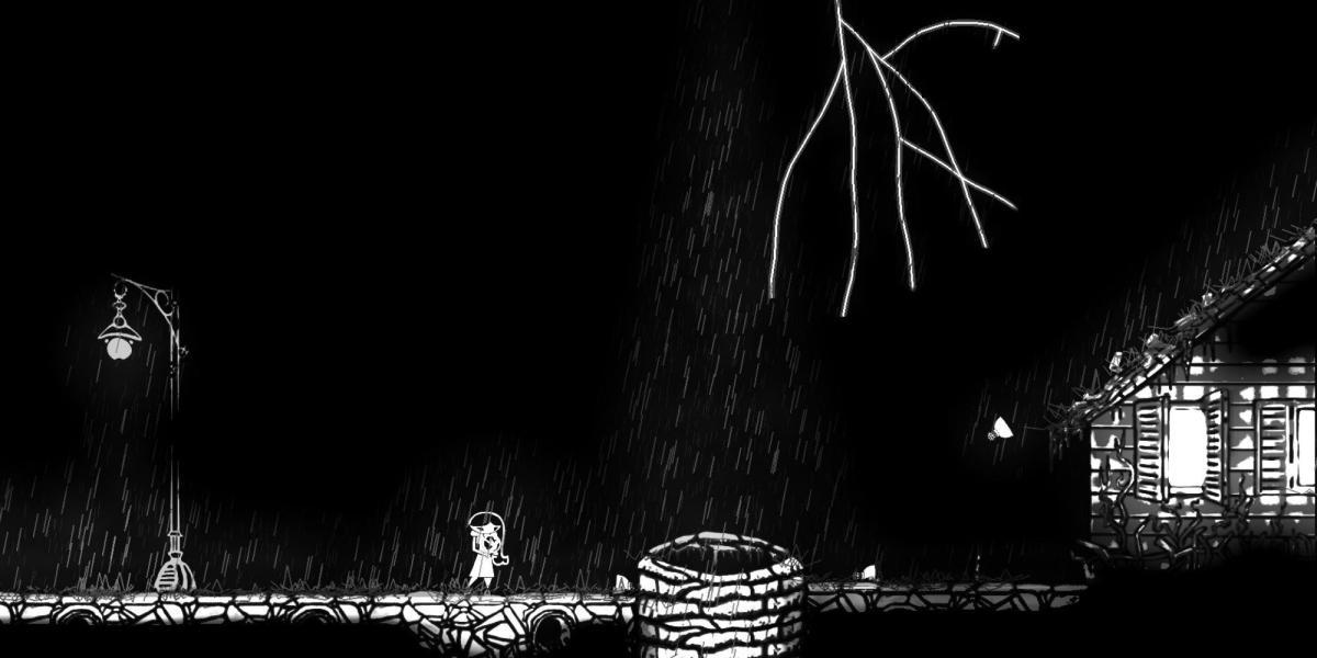 O protagonista do lado de fora de um poço em uma noite chuvosa em Closure