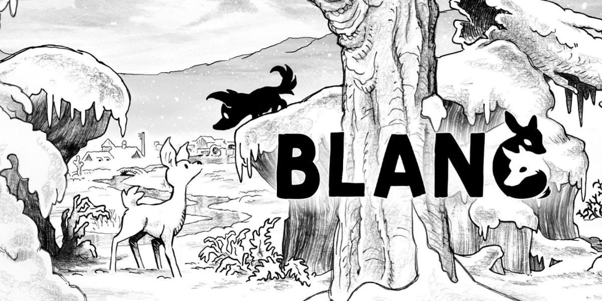 A imagem mostra um clube de lobo preto e um cervo branco em uma paisagem monocromática de inverno.