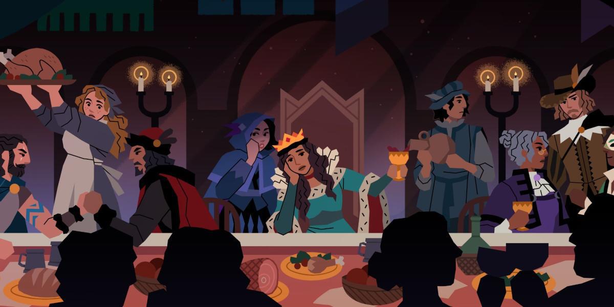 A rainha ouve rumores enquanto sua corte trama durante um banquete