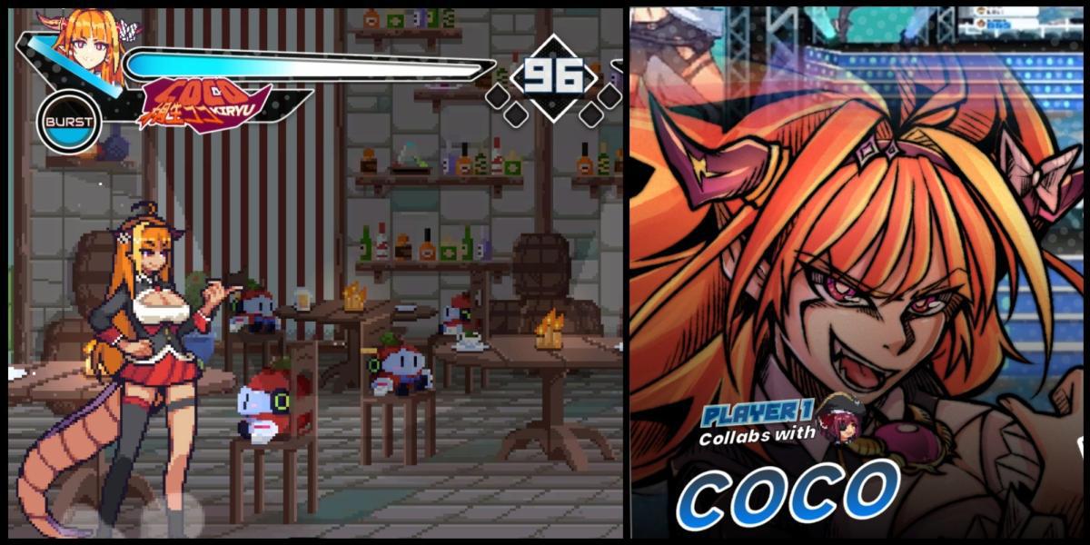 A personagem Coco do Idol Showdown ao lado de sua aparência no jogo