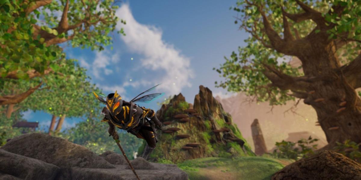 armadura-pequena-e-personagem-em-abelha-voando-pela-floresta