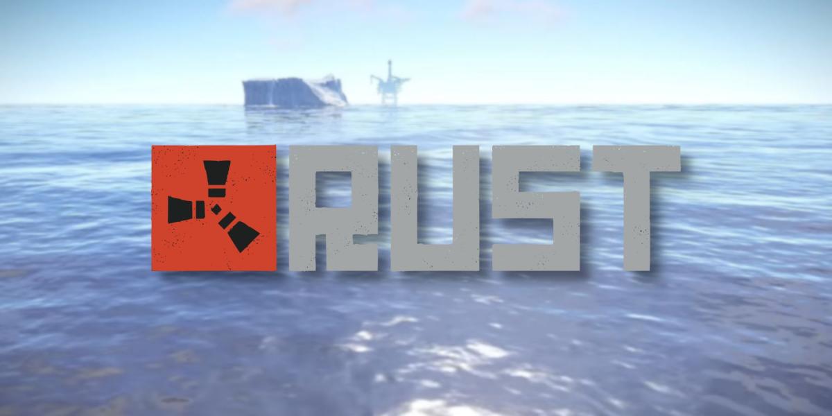 O logotipo da Rust com um grande corpo de água ao fundo.