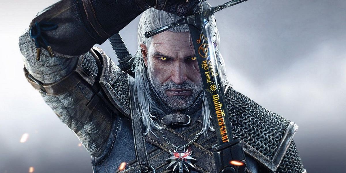 Imagem de The Witcher 3: Wild Hunt mostrando Geralt de Rivia desembainhando sua espada.