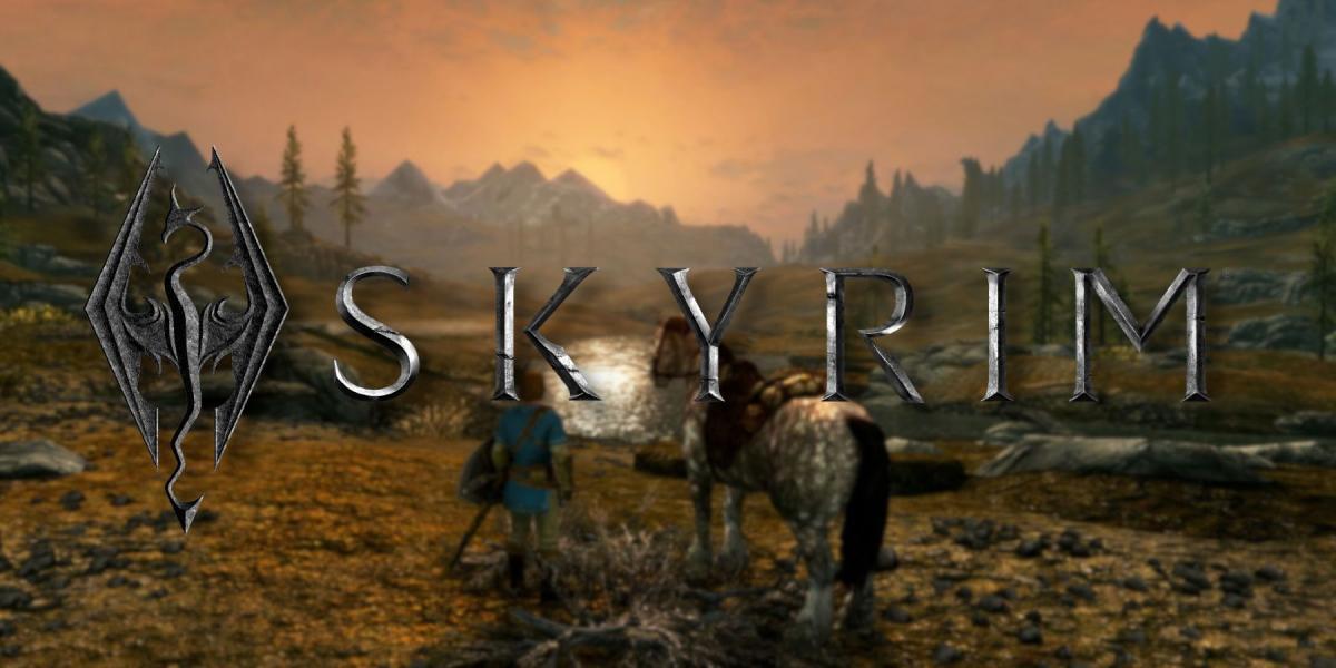 O logotipo de Skyrim com o jogador e seu cavalo observando um belo pôr do sol/nascer do sol.