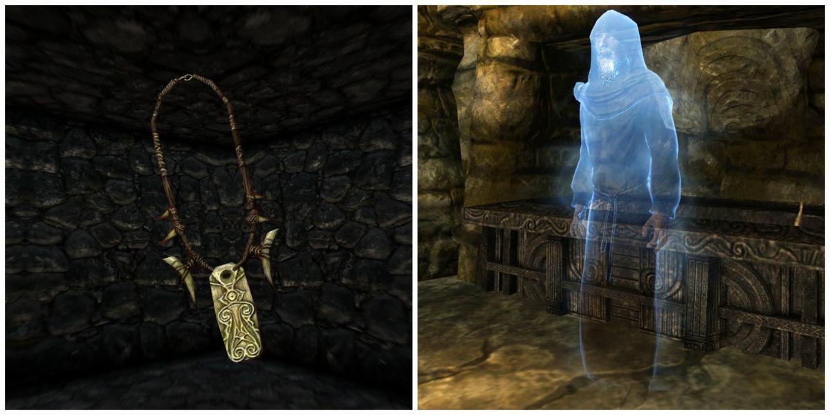 Imagem dividida de Skyrim, Gauldur Amulet e Gauldur's ghost