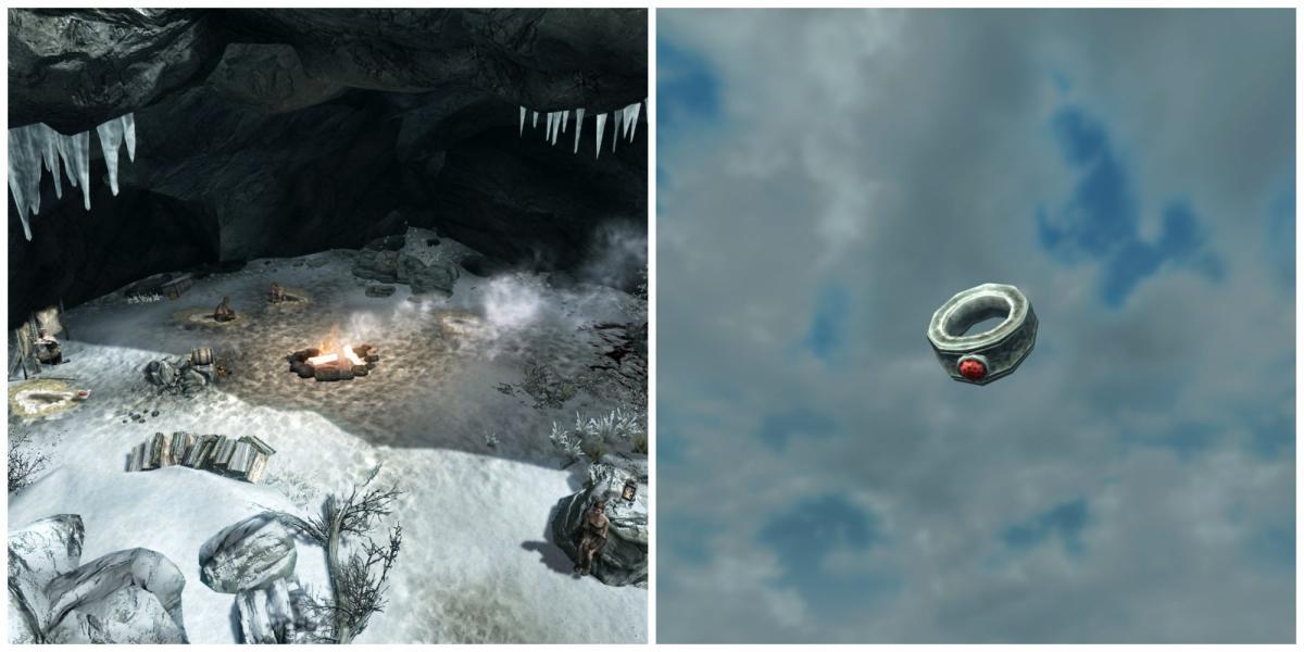 Imagem dividida de Skyrim, Frostmoon Crag e o Ring of the Hunt