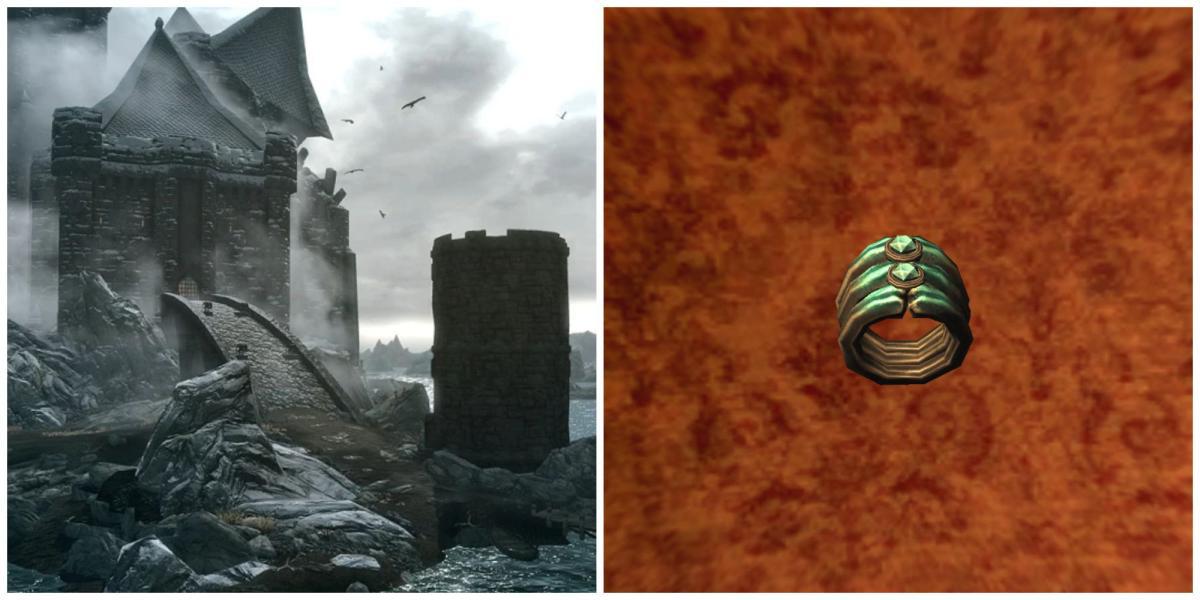 Imagem dividida de Skyrim, Castelo Volkihar e o Anel da Erudição