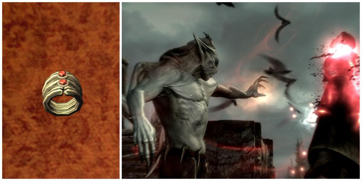 Imagem dividida de Skyrim, Ring of The Beast e um lorde vampiro usando dreno de saúde