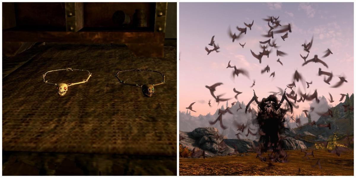 Imagem dividida de Skyrim, amuleto de morcegos e a gárgula e morcegos vampiros