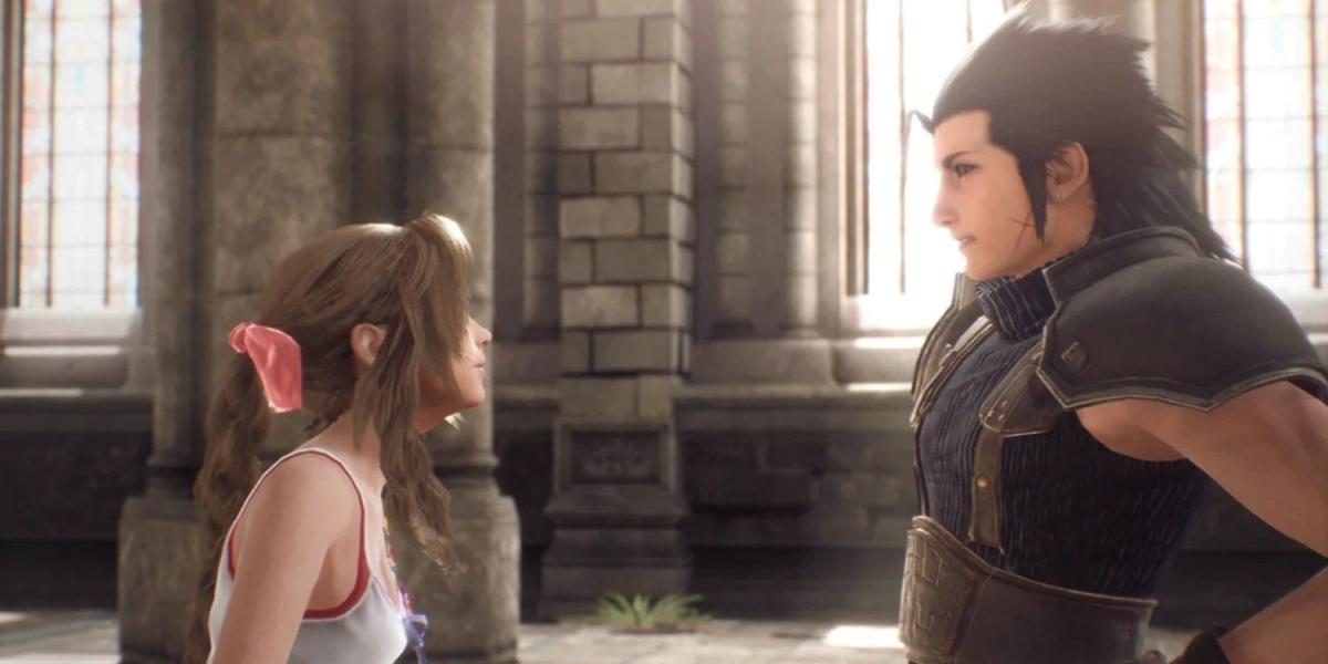 Zack Fair e Aerith Gainsborough conversando em uma cena do Crisis Core Final Fantasy 7 Reunion