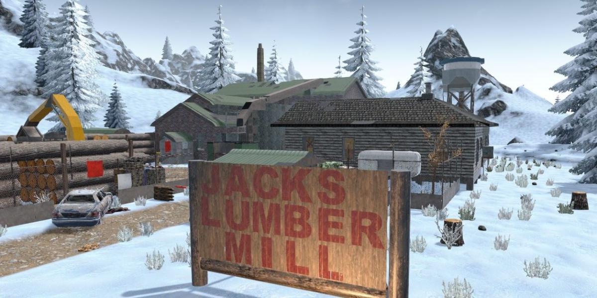 7 Days to Die Jacks Lumber Mill desde a entrada durante o dia