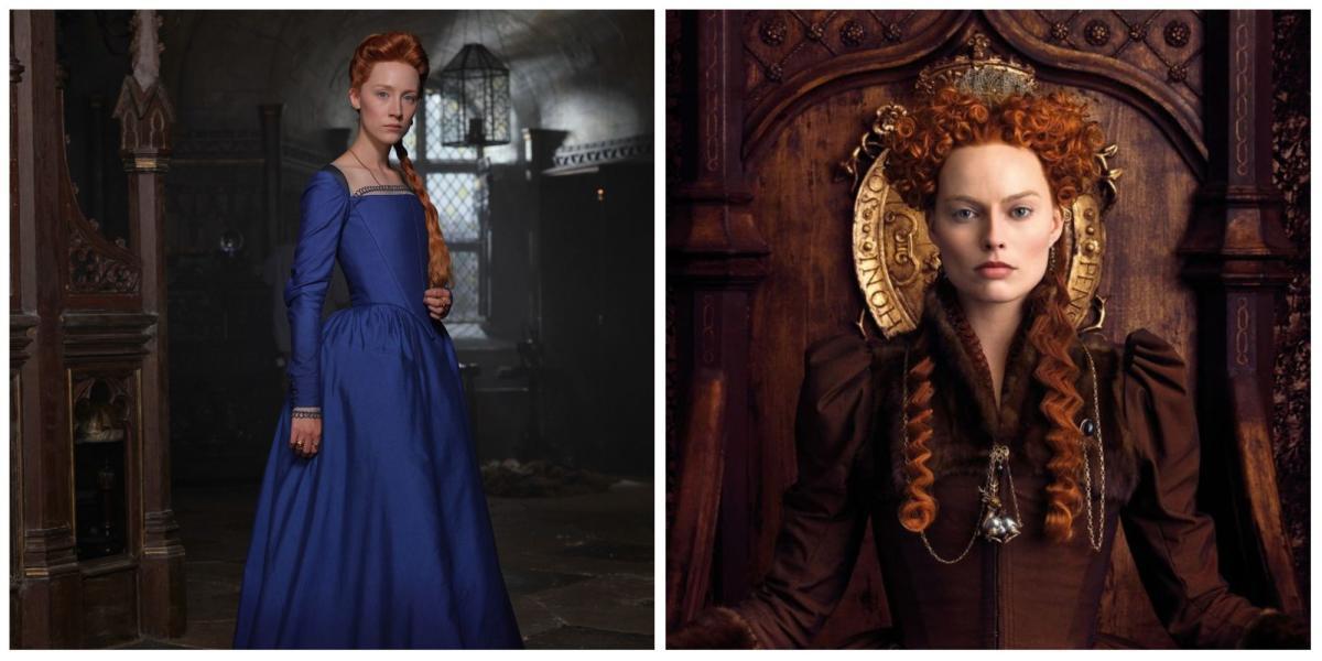 Esquerda: Saoirse Ronan como Mary Queen of Scots. Direita: Margot Robbie como Rainha Elizabeth.