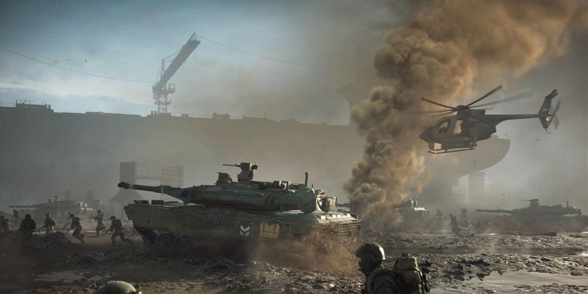 Uma cena de Battlefield 2042 mostrando um exército avançando. Há soldados, tanques e um helicóptero.