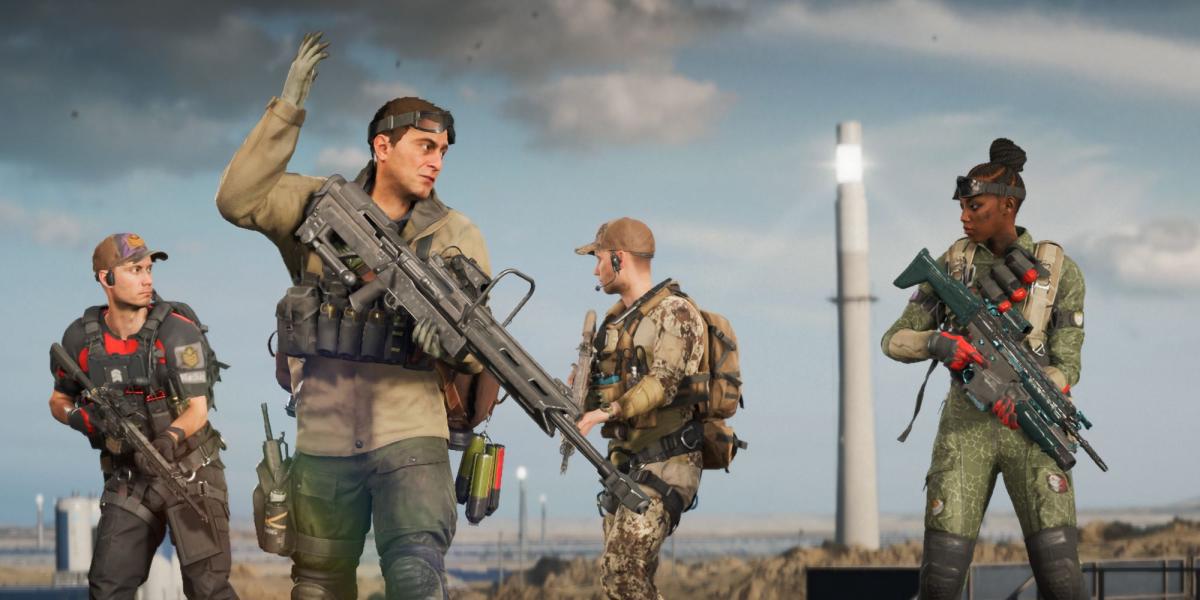 Imagem de 4 personagens de Battlefield 2042 em camuflagem com armas. Há um céu nublado e uma torre ao fundo