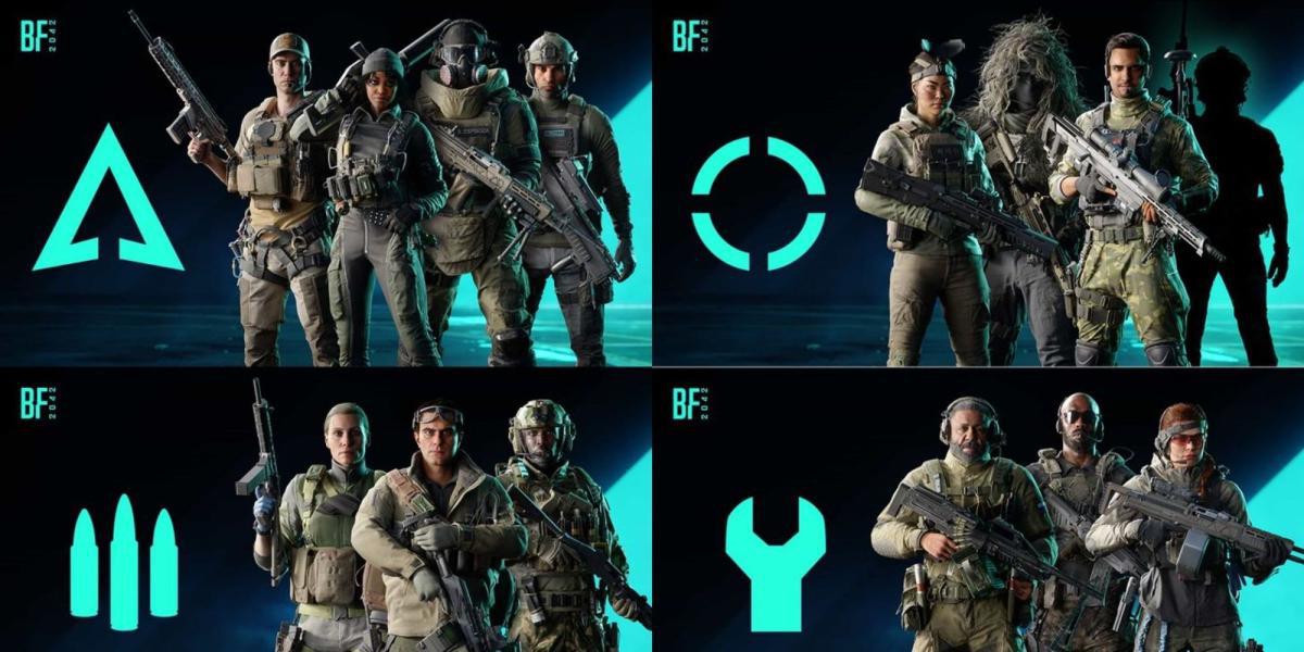 Uma grade de quatro imagens mostrando as quatro classes diferentes para Battlefield 2042