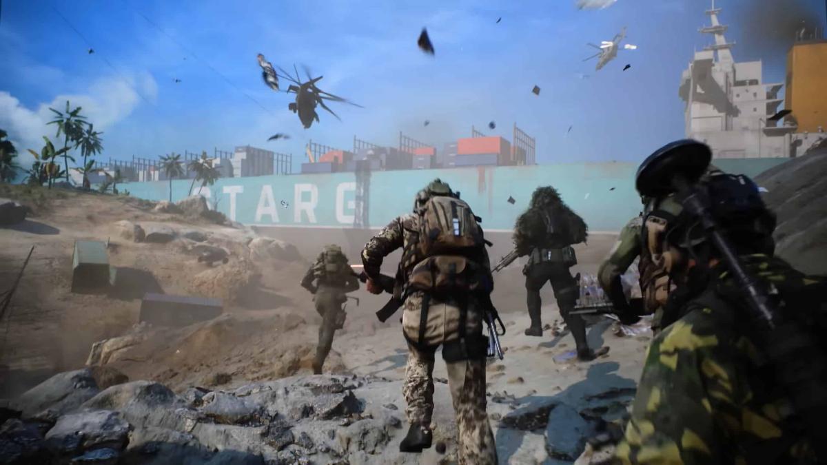 Uma imagem estática de Battlefield 2042 mostrando o jogador atrás de seus companheiros avançando em direção ao campo de batalha
