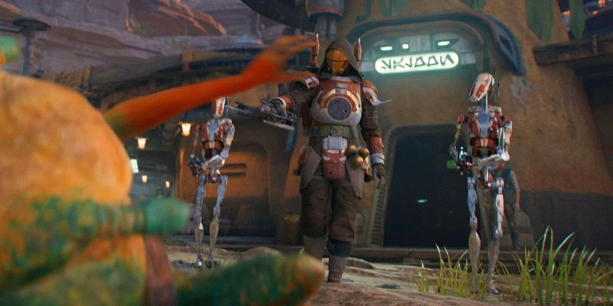 Uma captura de tela de um Bedlam Raider e um par de Battle Droids ameaçando Turgle em Star Wars Jedi: Survivor.