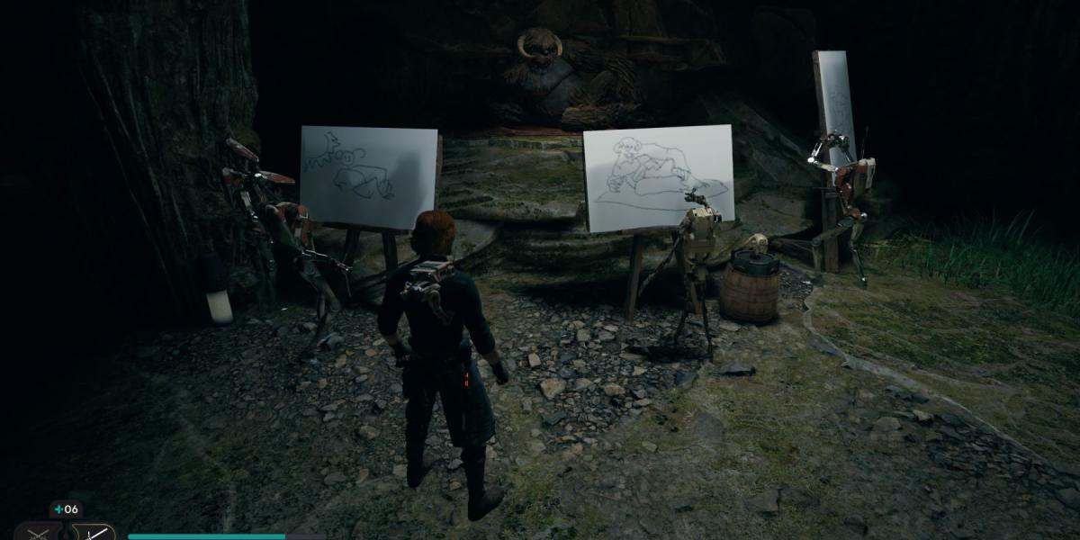Cal encontra quatro andróides pintando um Mogu em Star Wars Jedi: Survivor