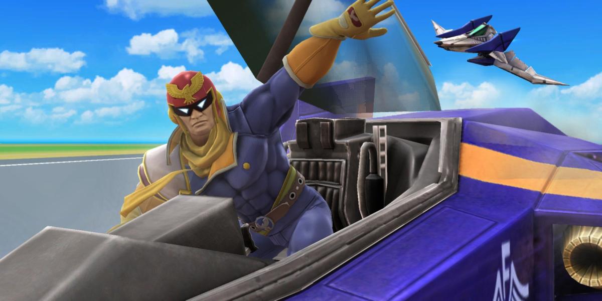 Capitão Falcon entrando no Blue Falcon em Smash Bros.