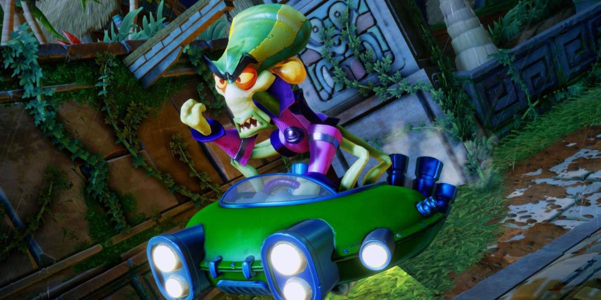 Nitros Oxide da série Crash Bandicoot dirigindo um carro verde