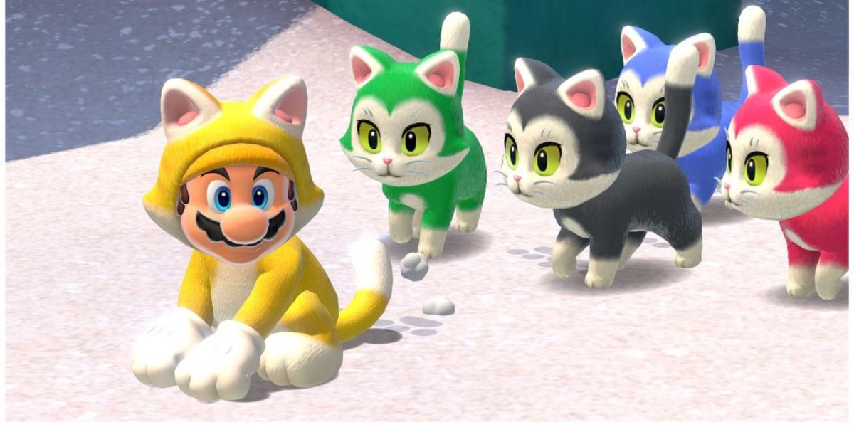 Cat Mario seguido por gatos coloridos