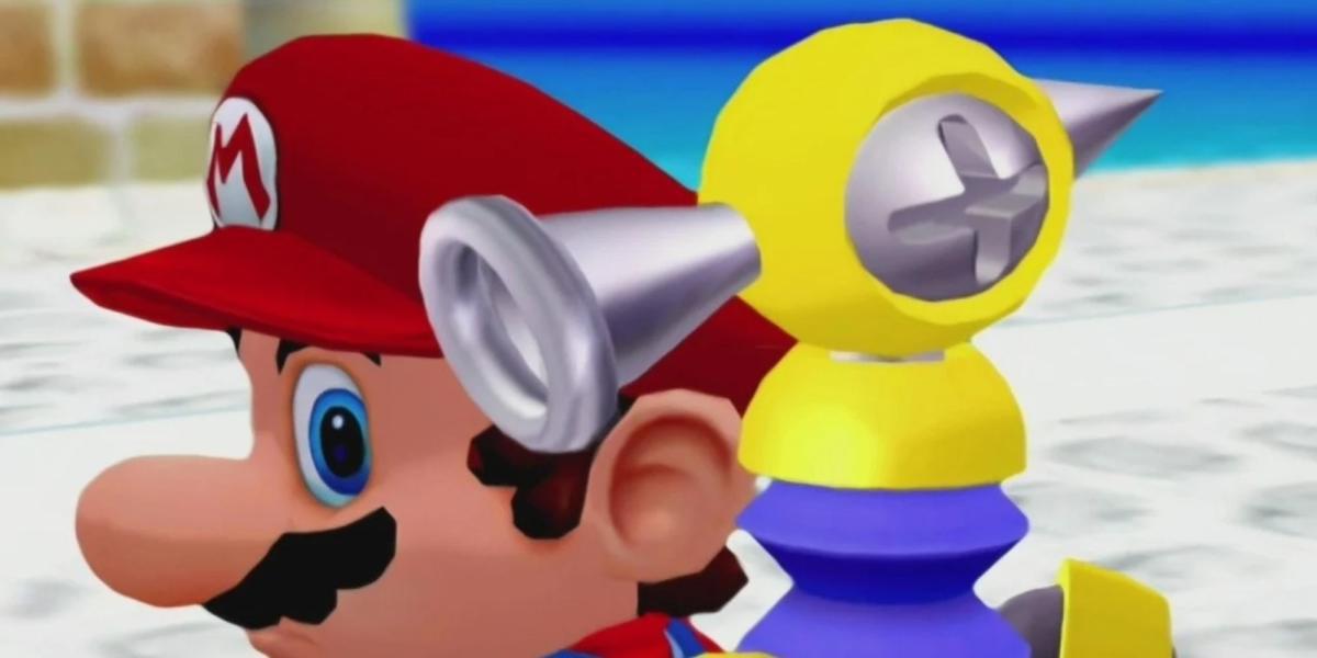 Mario olhando para FLUDD atrás dele