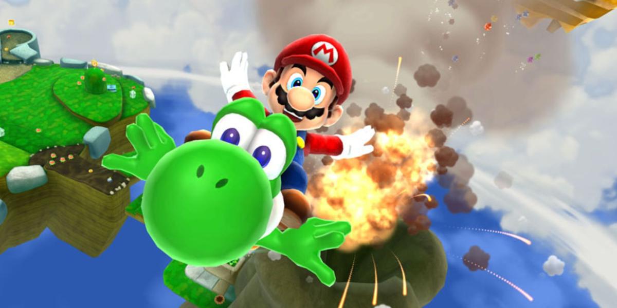 Mario e Yoshi voando no céu