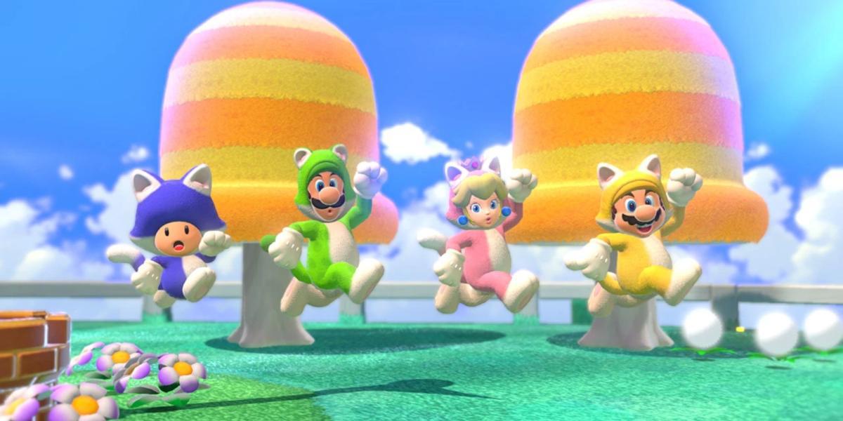 Toad, Luigi, Peach e Mario pulando fantasiados de gato