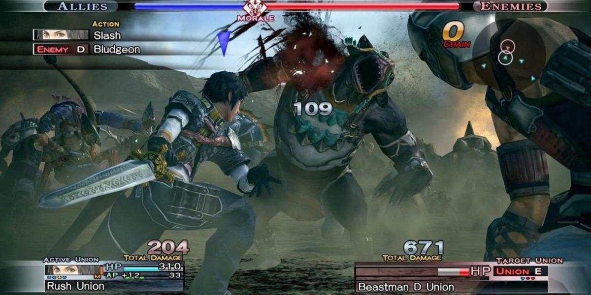 Um jogador atacando um monstro em The Last Remnant Remastered