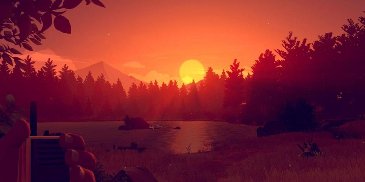 pôr do sol na floresta em Firewatch