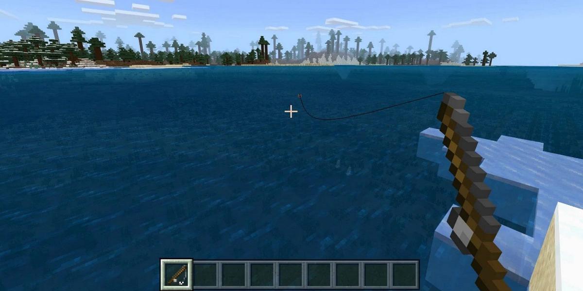 Captura de tela do Minecraft mostrando o jogador pescando.
