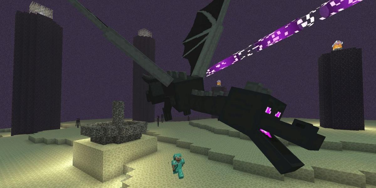 Jogador de Minecraft lutando contra o Ender Dragon no final