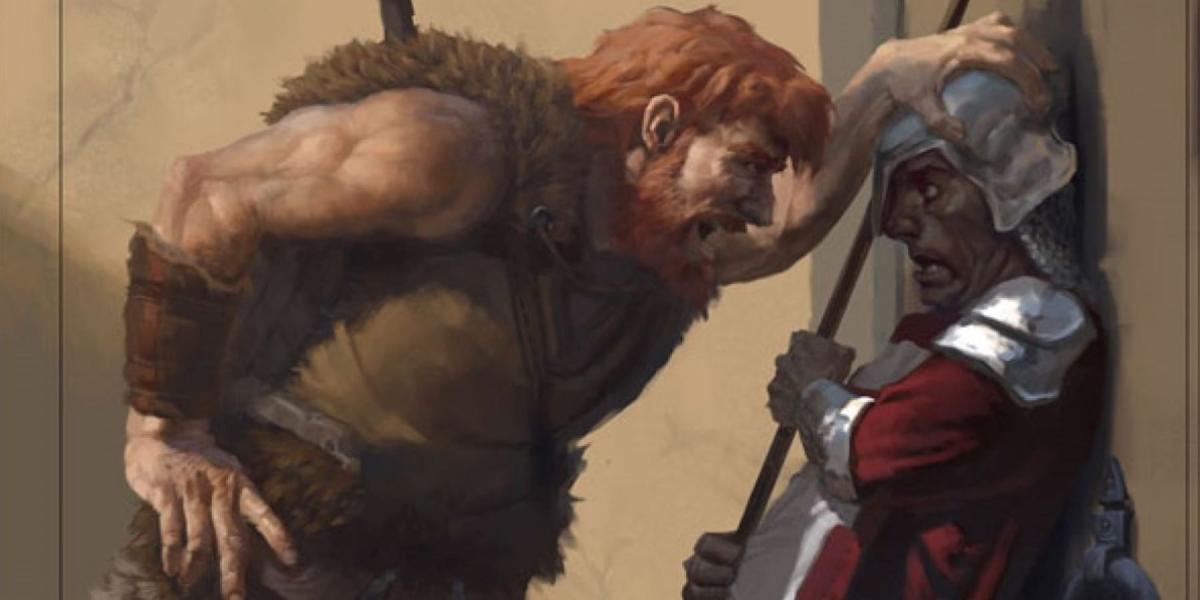Arte chave de um bárbaro intimidando um guarda no Livro do Jogador de Dungeons and Dragons
