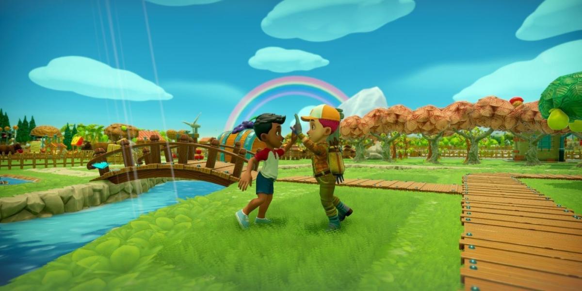 terras agrícolas com um arco-íris ao fundo e personagens cumprimentando