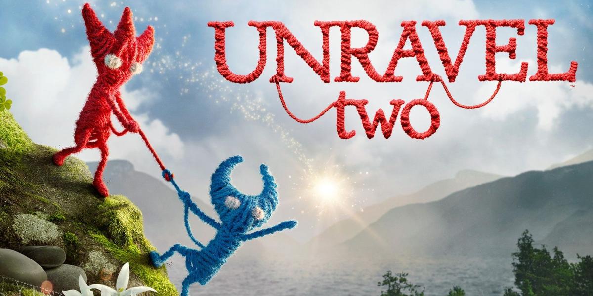 Dois personagens se ajudando a escalar uma montanha de Unravel Two com o título