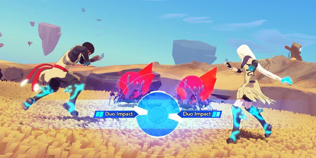 Dois jogadores lutando contra monstros com um ataque duplo.