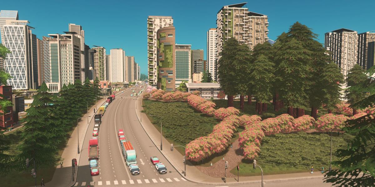 uma captura de tela do Cities Skylines mostrando uma estrada que leva à cidade