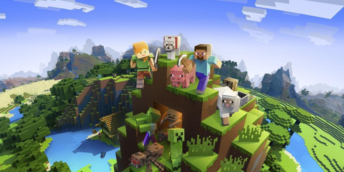uma imagem promocional para Minecraft mostrando o modelo de duas bases do protagonista em uma montanha