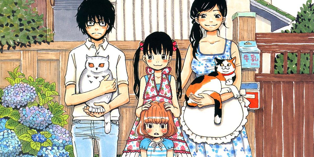 Propagação colorida do mangá 3-Gatsu No Lion de Rei Kiriyama e sua família substituta