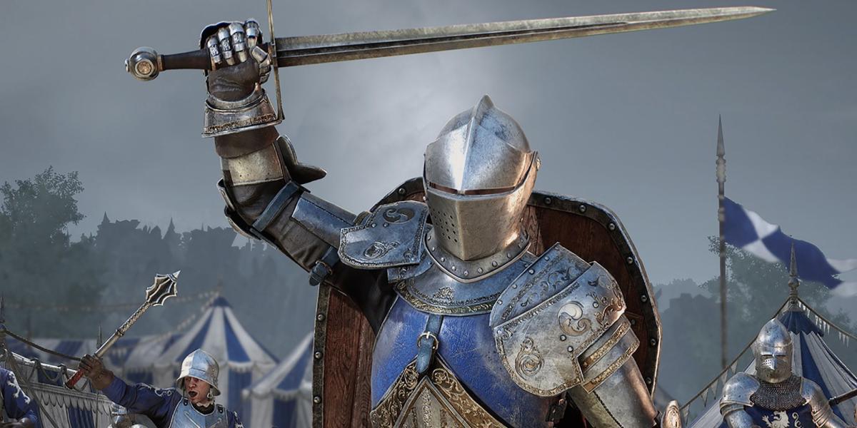 Um cavaleiro azul segurando uma longa espada em Chivalry 2